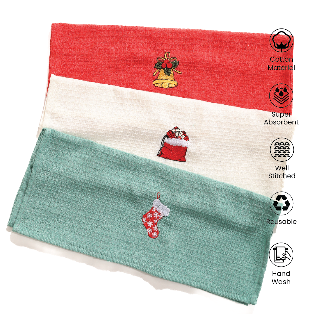 Christmas Themed Embroidered Kitchen Towels 3pcs Craft Gift Packaged