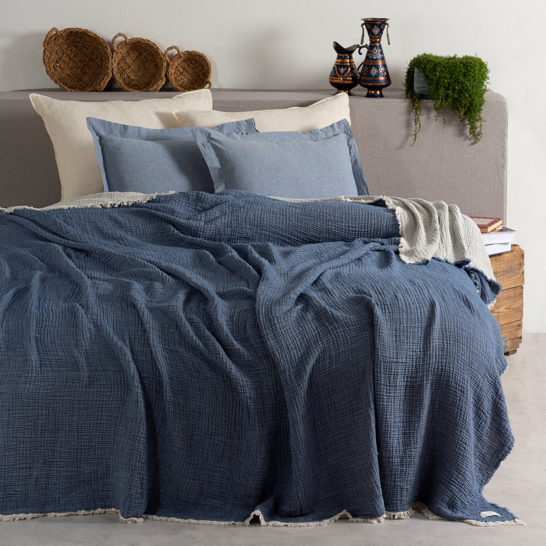 Muslin Double Face Bedspread Oil Blue